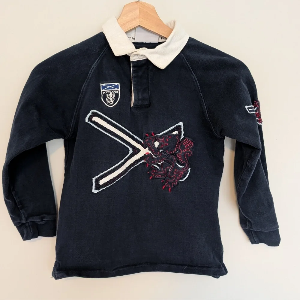 SCOTLAND Sewn Saltire & Lion Rampant Navy Blue Rugby Nations Shirt Boys S/M
